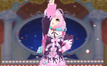 a girl in a pink and purple outfit with a teddy bear on it