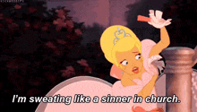 a cartoon of a woman in a pink dress saying " i 'm sweating like a sinner in church "