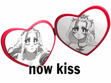 two heart shaped mirrors with a picture of a girl and the words now kiss