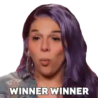 a woman with purple hair blowing a kiss with the words winner winner below her