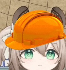 a close up of a person wearing a hard hat .