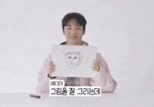 a person in a pink jacket holds up a drawing of a man 's face in front of their face