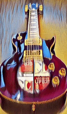 a painting of a guitar with the letters cc on the bottom