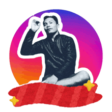 a man in a black leather jacket is sitting on a red carpet