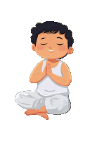 a boy sits in a lotus position with his eyes closed and his hands folded
