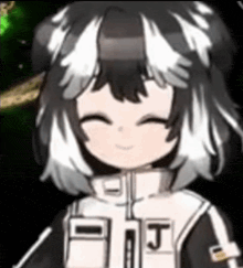 a close up of a cartoon girl with black and white hair and a smile on her face .