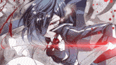 a girl with blue hair and red eyes is holding a sword in her hand