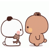 a panda bear and a brown bear are kissing each other with hearts coming out of their mouths .