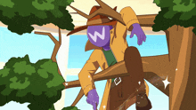 a cartoon character with a purple head and a letter w on it