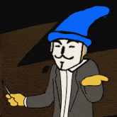 a cartoon drawing of a man with a blue hat and a white face with the letter i on it