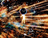 a painting of a person in space with a smiley face on their face