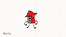 a cartoon drawing of a red and green object with arms and legs wearing a red hat .