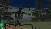 a computer generated image of a skeleton surrounded by trees