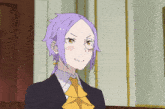a cartoon character with purple hair and glasses