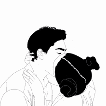 a black and white drawing of a man kissing a woman