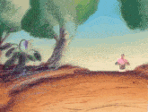 a painting of a man in a pink shirt standing on a dirt road with trees in the background