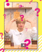 a man with a question mark on his head and a sign that says 4