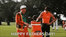 two men are standing next to each other on a golf course holding golf clubs and a golf bag .