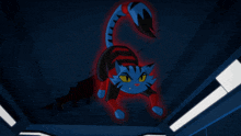 a cartoon cat is wearing a red and blue costume with the letter h on it