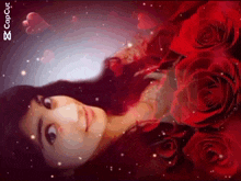 a girl is surrounded by red roses and hearts and the caption reads capcut