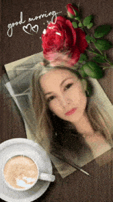 a picture of a woman next to a cup of coffee and a rose with the words good morning