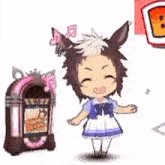 a cartoon character is standing next to a jukebox .