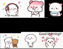 a collage of cartoon characters with one saying hi i 'm hussem