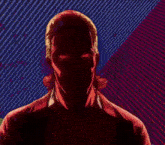 a silhouette of a man in a red shirt with a purple background