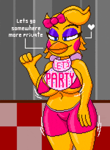 a pixel art drawing of chica from five nights at freddy 's with the words let 's go somewhere more private