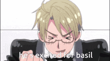 a man in a tuxedo and glasses is excited for basil
