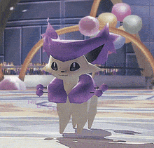 a cartoon cat with a purple hat is standing in front of a rainbow and balloons