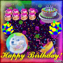 a colorful birthday card with a doge and a birthday cake