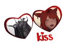a picture of a knight and a red haired girl with the word kiss underneath them