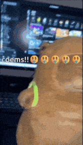 a close up of a teddy bear with smiley faces on its face and the words coems