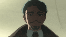 a man with a beard wearing a suit and tie looks at the camera