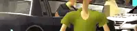 a cartoon character is standing in front of a car in a video game .