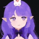 a purple haired anime girl with a rabbit on her head .