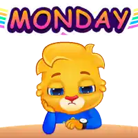 a cartoon lion sitting at a table with the word monday above him
