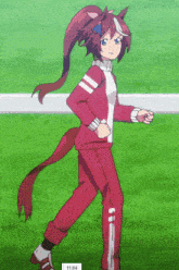 a girl with a ponytail is running on a field with a clock that says 11:04