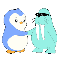 a penguin and a walrus wearing sunglasses are hugging