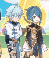 a couple of anime characters standing next to each other with one of them wearing a white shirt with chinese characters on it
