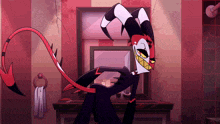 a cartoon character with horns and a long tail