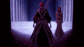 a man holding a sword stands next to a woman in a long dress