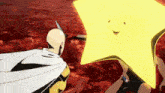 a man in a cape is holding a knife in front of a yellow star with a face on it .