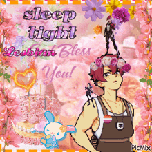 a pixel art of a girl with flowers on her head and the words sleep tight lesbian bless you