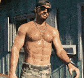 a shirtless man wearing sunglasses and a baseball cap is standing in front of a green building