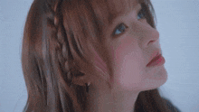 a close up of a woman 's face with braids in her hair
