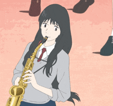 a girl with long black hair is playing a saxophone in a cartoon