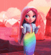 a doll with pink hair and a rainbow skirt