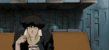 a cowboy bebop character eating noodles from a cup